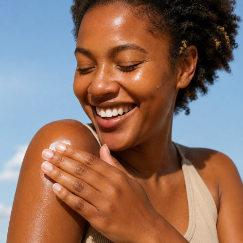 Woman applying sunscreen to her shoulder with a clear blue sky in the background