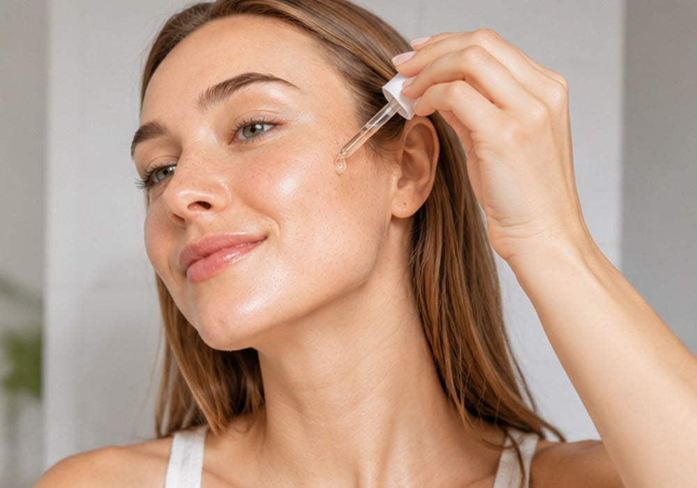 Woman applying a dropper of skincare product to her face.