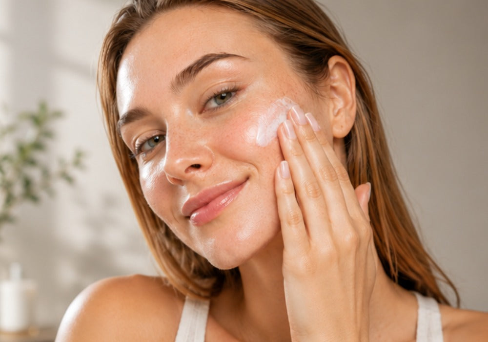 Woman applying cream to her face with a blurred indoor background