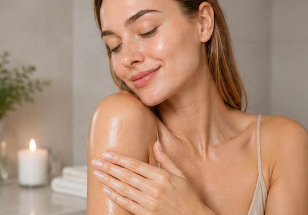 Woman applying lotion to her arm with a candle and towel in the background