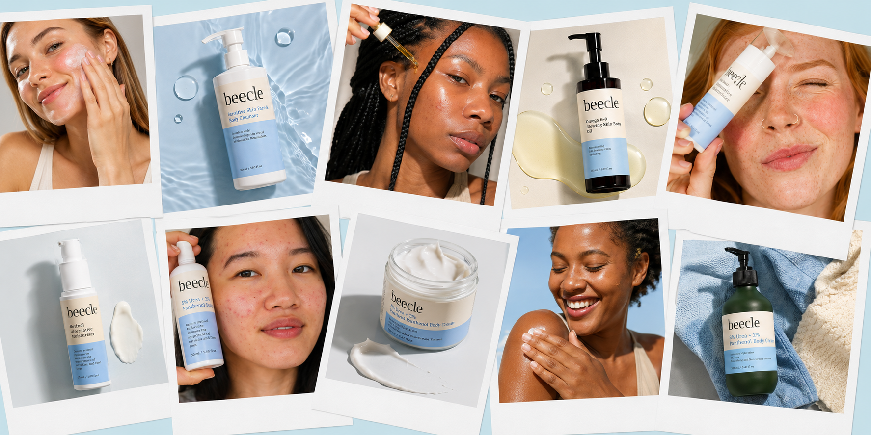 Collage of people using Beeckle skincare products with product images.